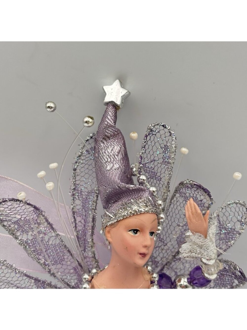 Vintage Purple Pixie Fairy Christmas Tree Ornament Hanging Beaded Shiny 8” Girl - Picture 4 of 16